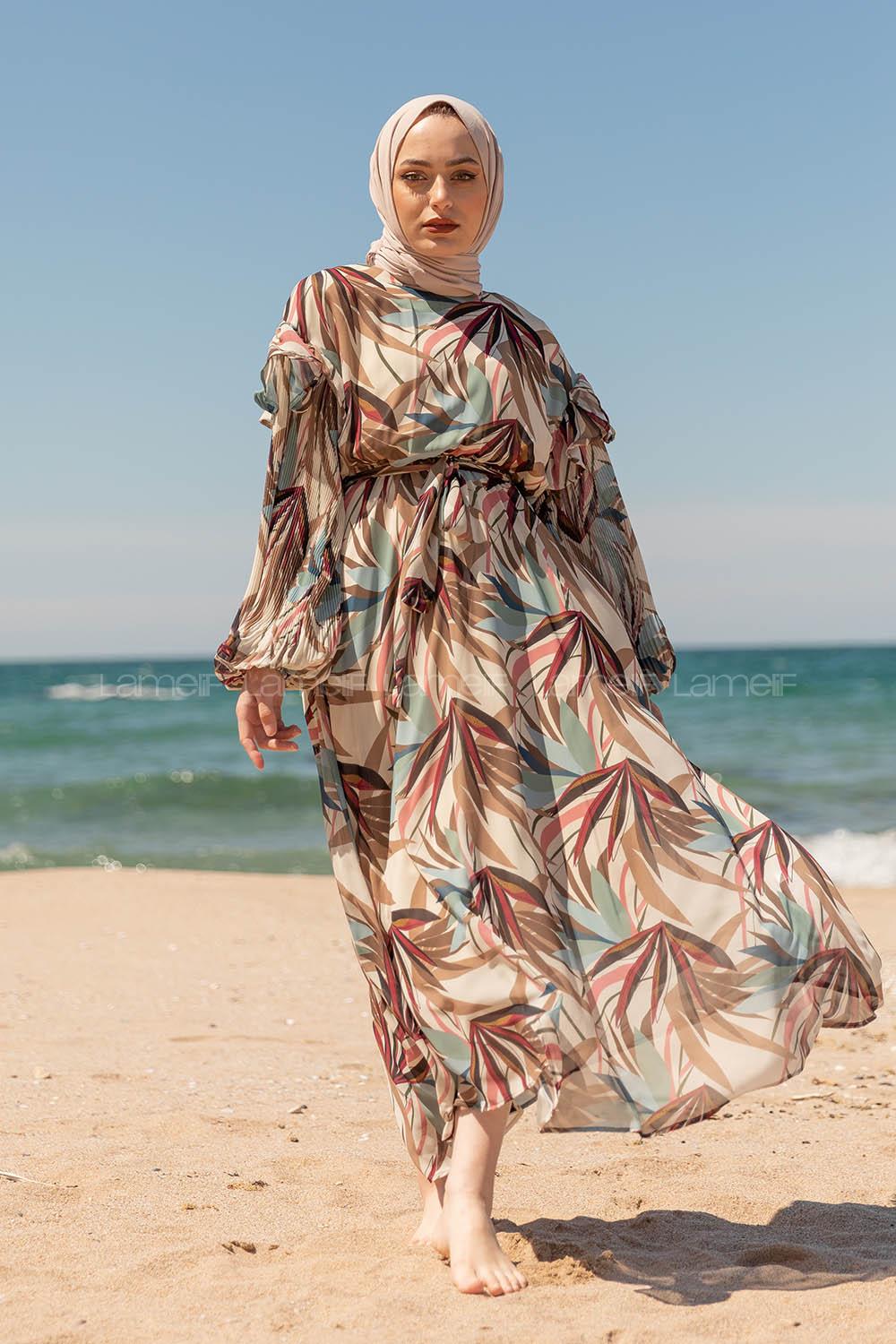 Modalamelif Kolu Piliseli Şifon Elbise Pudra