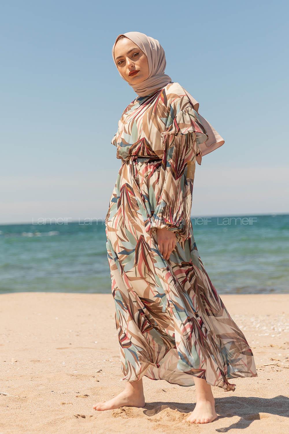 Modalamelif Kolu Piliseli Şifon Elbise Pudra