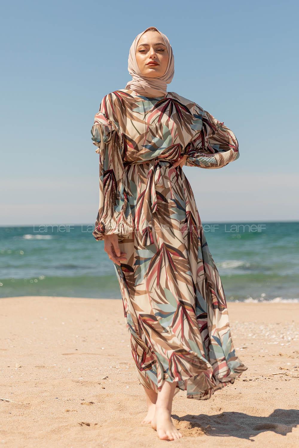 Modalamelif Kolu Piliseli Şifon Elbise Pudra