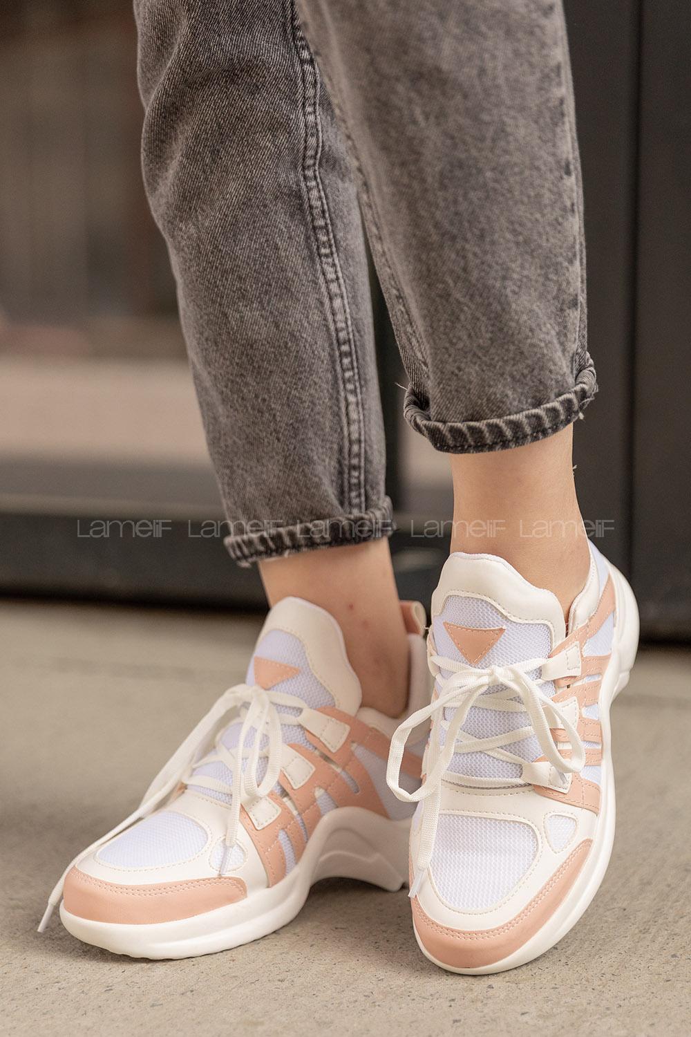 Modalamelif Şeritli Yüksek Taban Pudra Beyaz Spor Ayakkabı