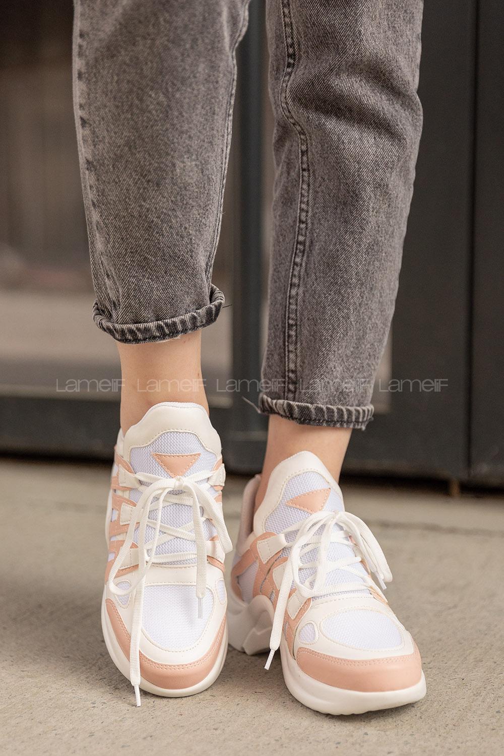 Modalamelif Şeritli Yüksek Taban Pudra Beyaz Spor Ayakkabı