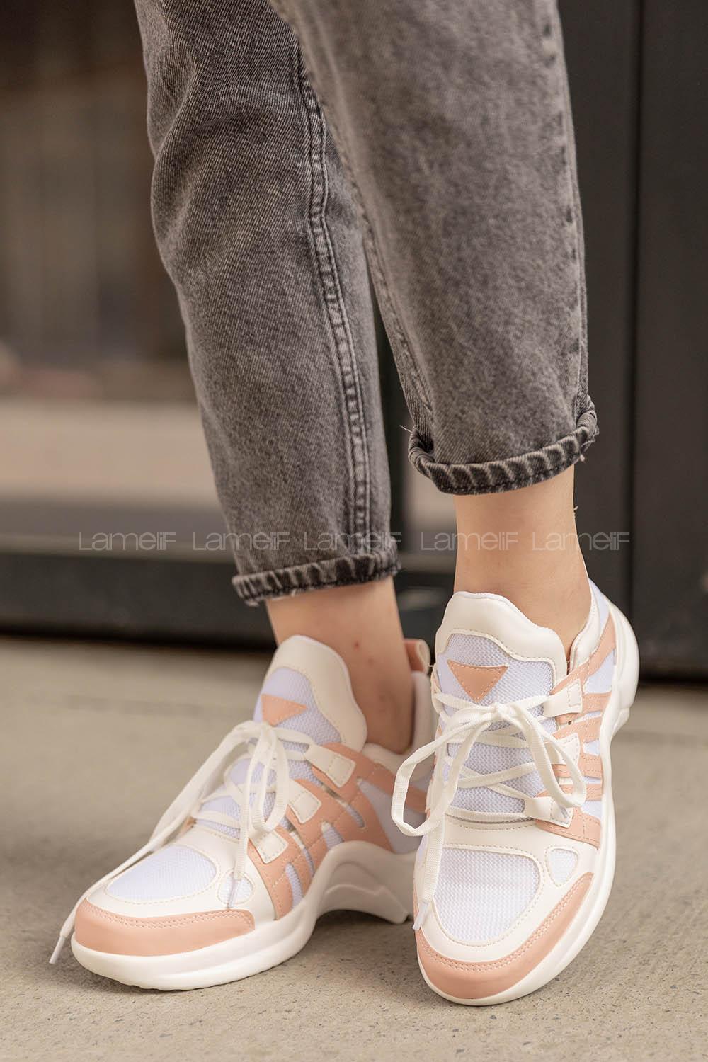 Modalamelif Şeritli Yüksek Taban Pudra Beyaz Spor Ayakkabı