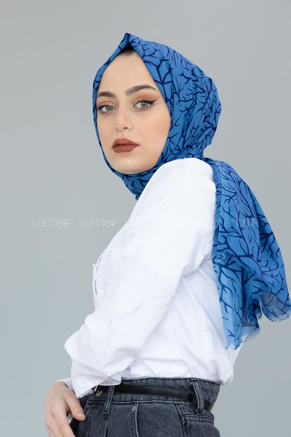 Modalamelif Saks Mavi Ağaç Dalı Şal