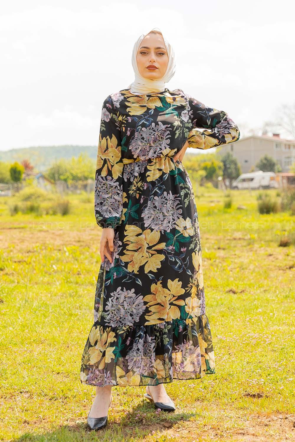 Modalamelif Çiçek Desenli  Elbise Mor