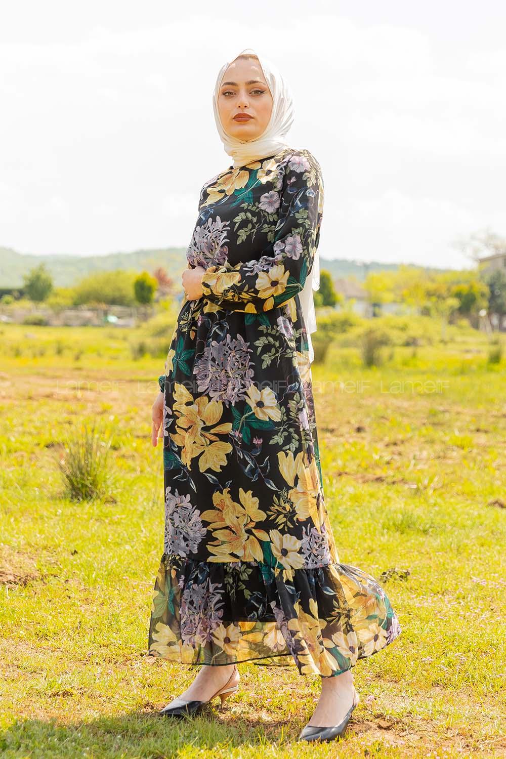 Modalamelif Çiçek Desenli  Elbise Mor