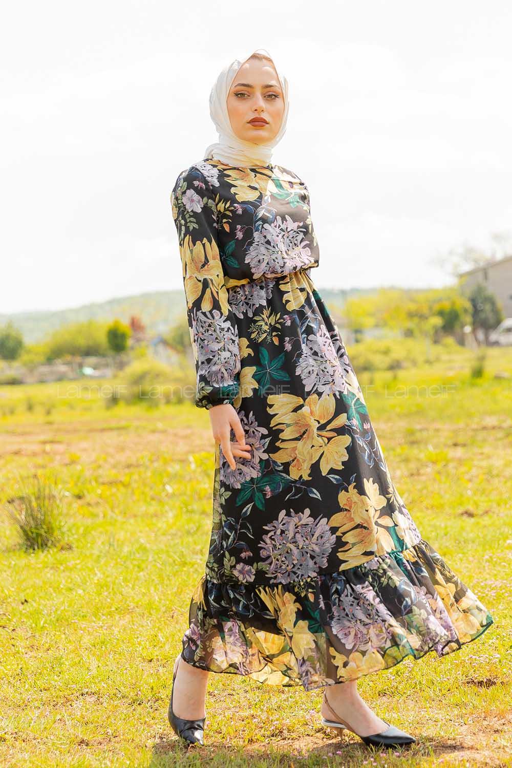 Modalamelif Çiçek Desenli  Elbise Mor