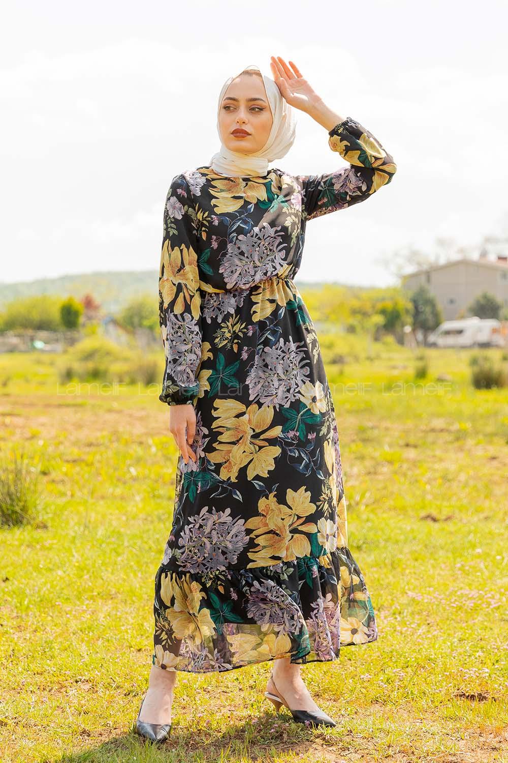 Modalamelif Çiçek Desenli  Elbise Mor