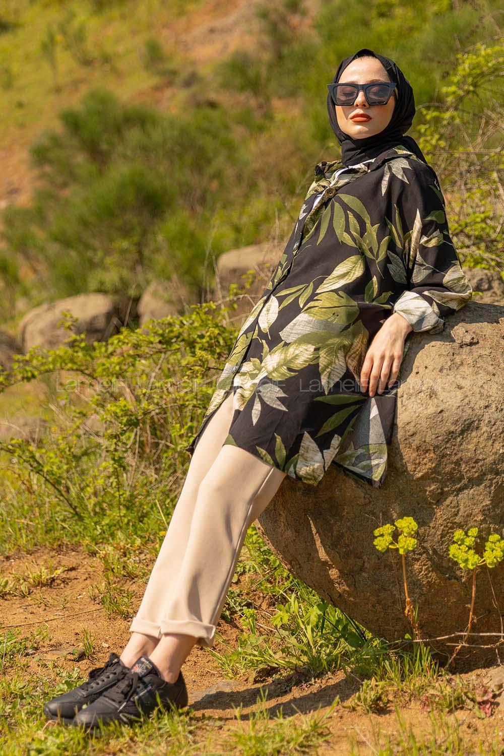 Modalamelif Dokuma Desenli Gömlek Siyah Haki