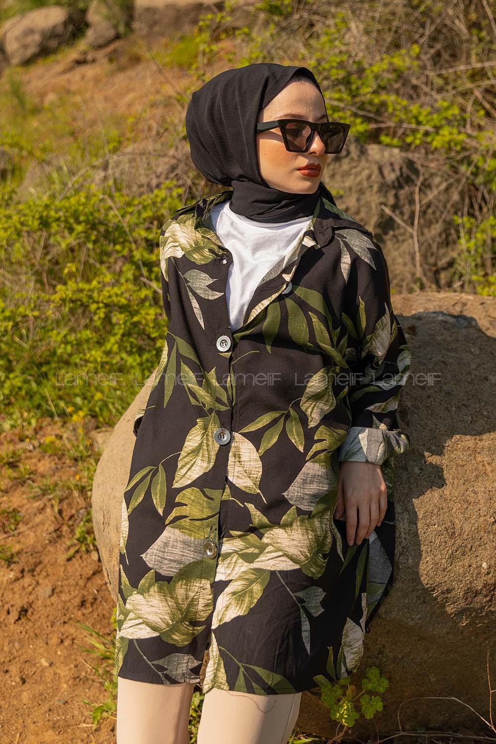 Modalamelif Dokuma Desenli Gömlek Siyah Haki