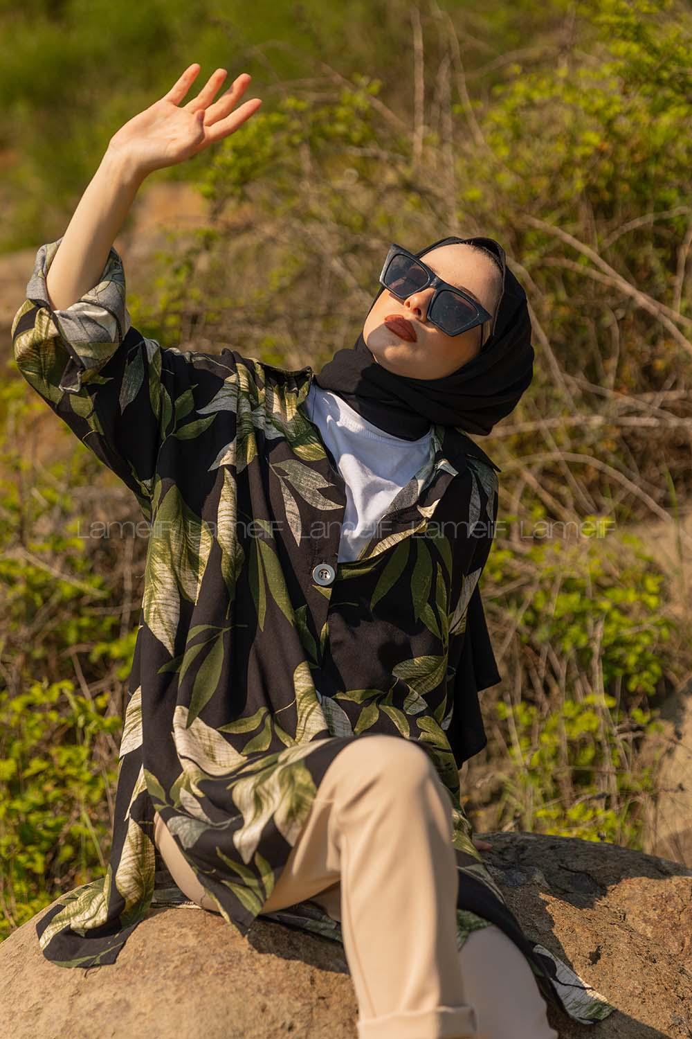 Modalamelif Dokuma Desenli Gömlek Siyah Haki