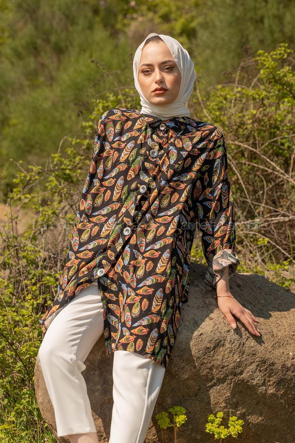 Modalamelif Dokuma Desenli Gömlek Siyah Mavi