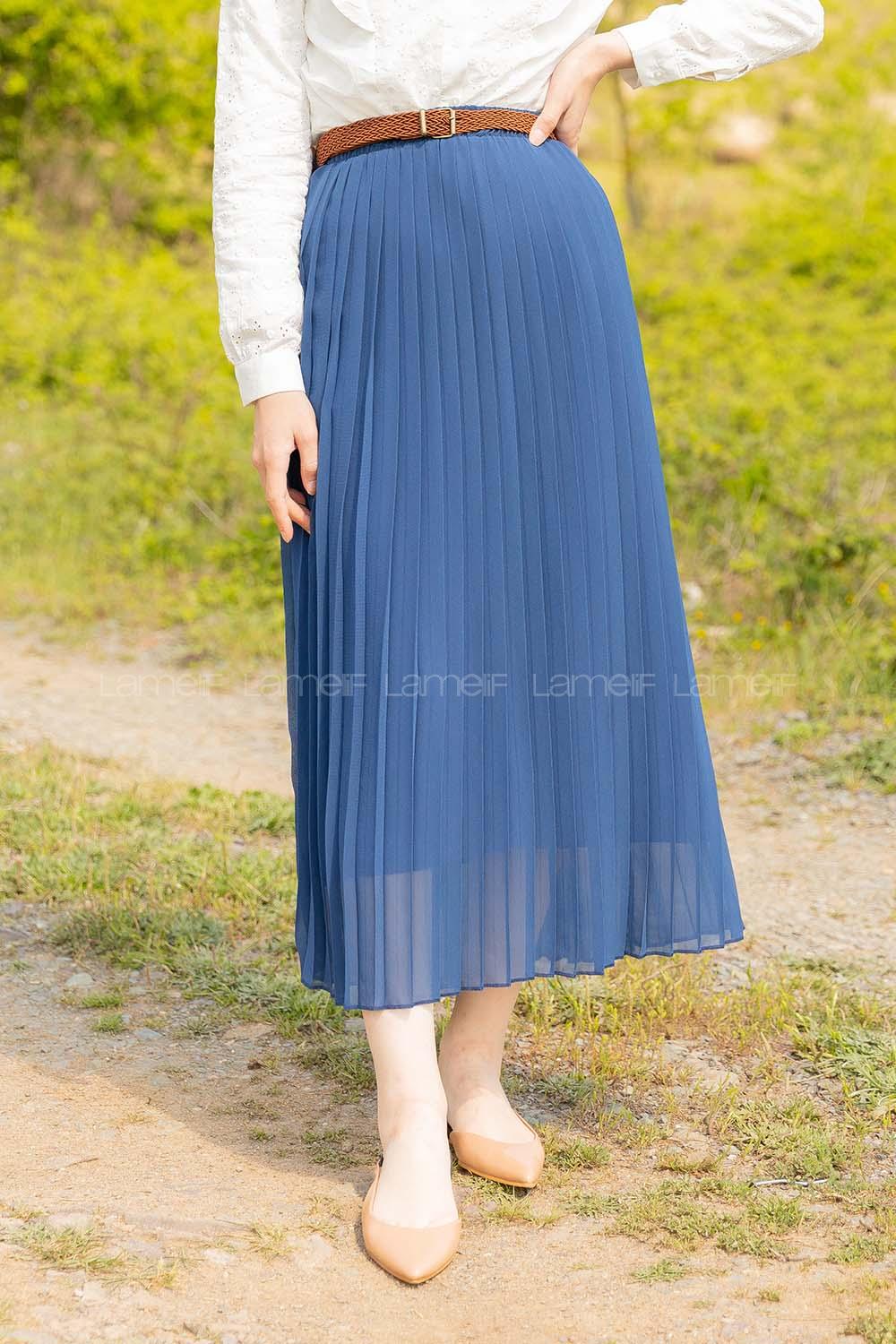 Modalamelif Hasır Kemerli Şifon Etek İndigo