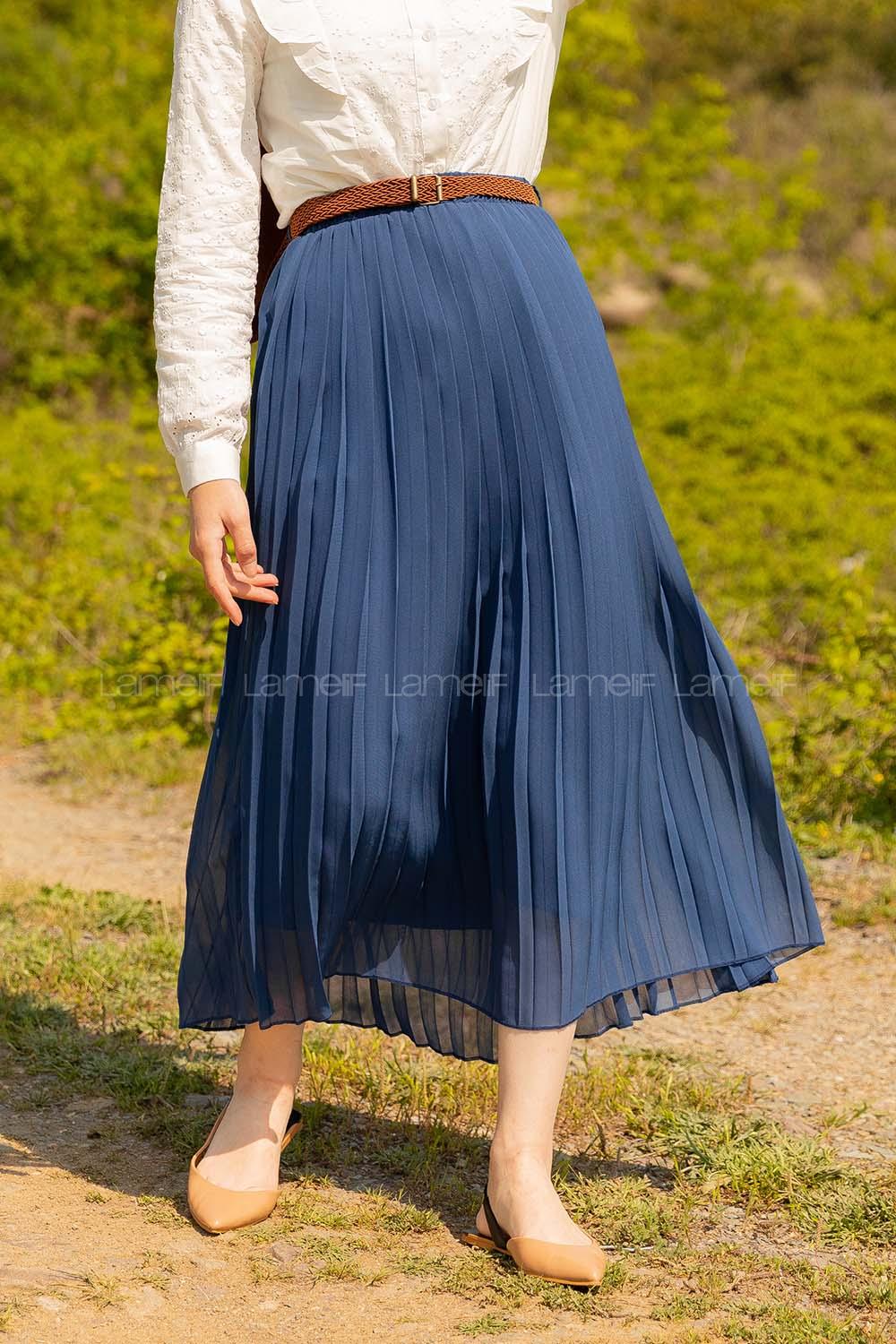 Modalamelif Hasır Kemerli Şifon Etek İndigo