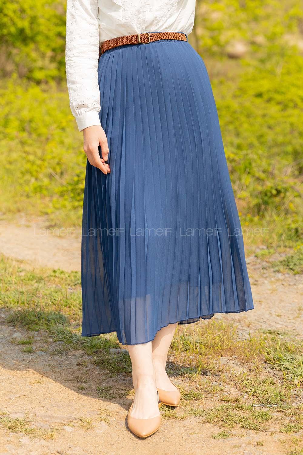 Modalamelif Hasır Kemerli Şifon Etek İndigo