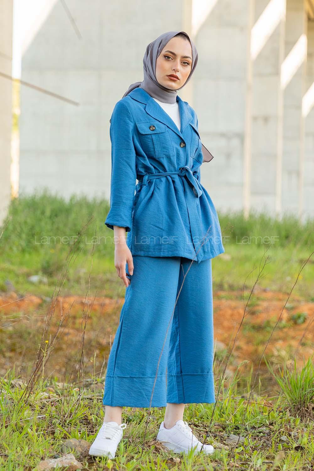 Modalamelif Önü Düğmeli Kuşaklı Takım İndigo