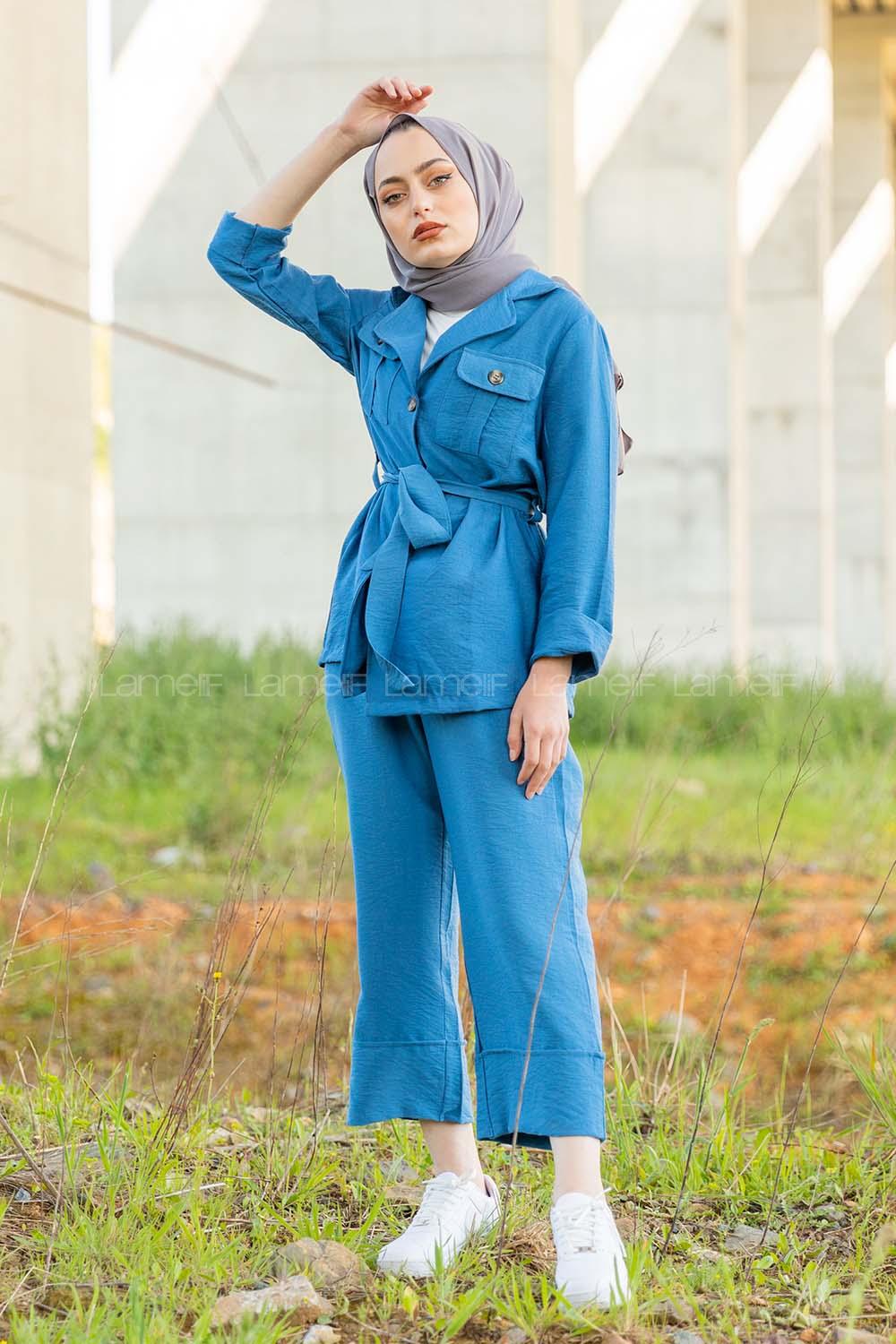 Modalamelif Önü Düğmeli Kuşaklı Takım İndigo