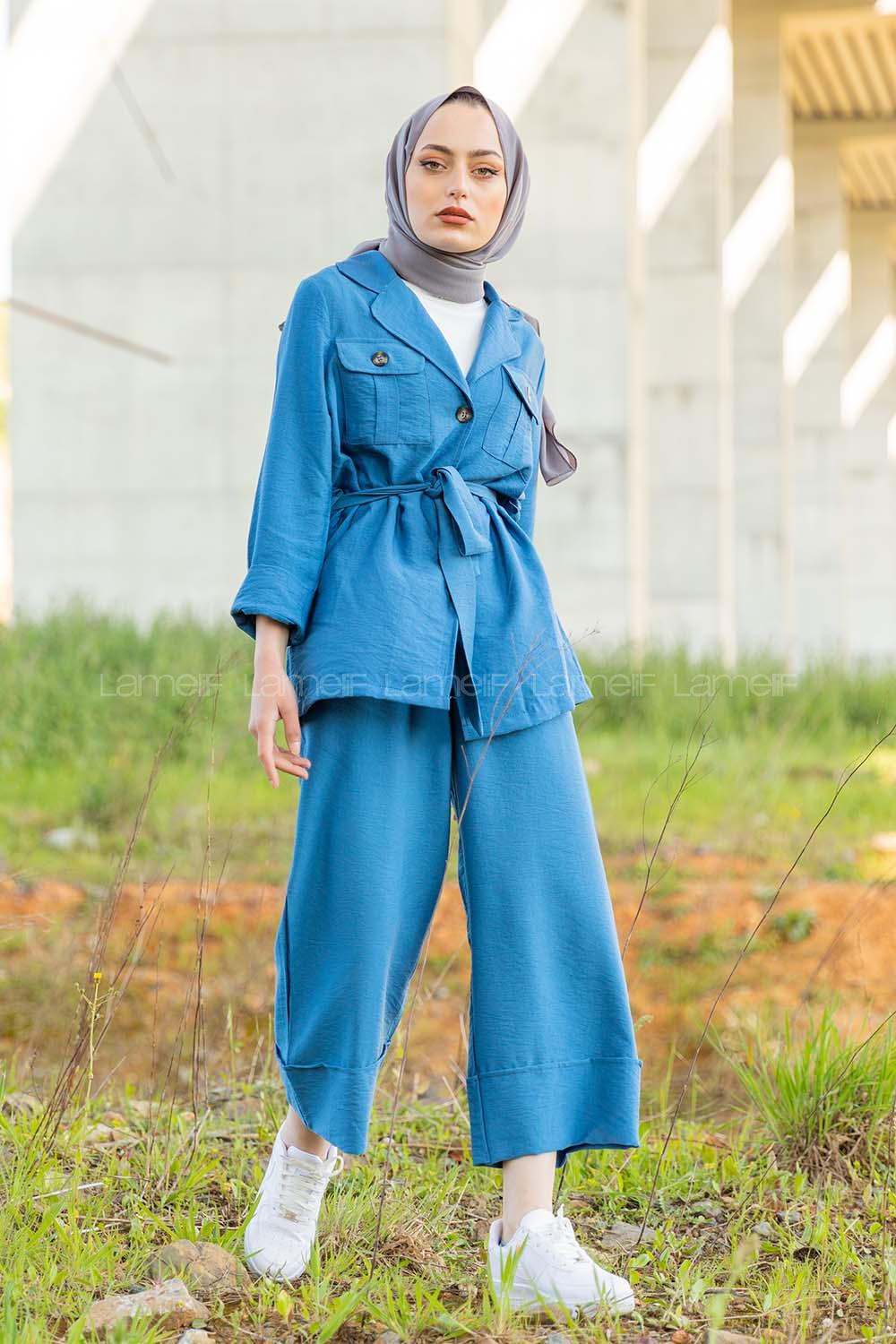 Modalamelif Önü Düğmeli Kuşaklı Takım İndigo