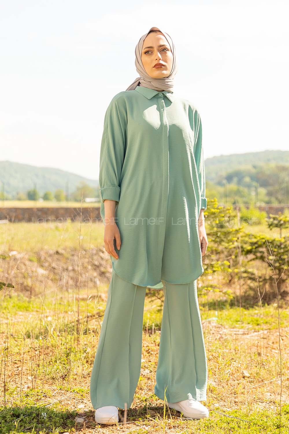 Modalamelif Önü Gizli Düğmeli İspanyol Takım Mint Yeşili
