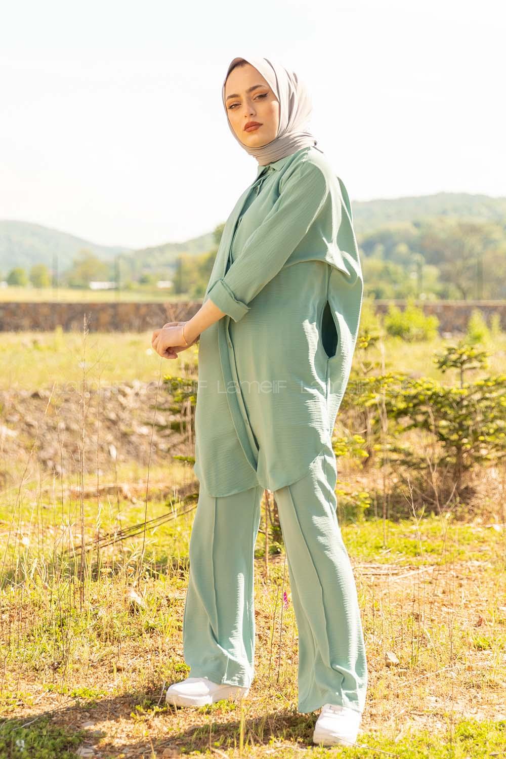 Modalamelif Önü Gizli Düğmeli İspanyol Takım Mint Yeşili