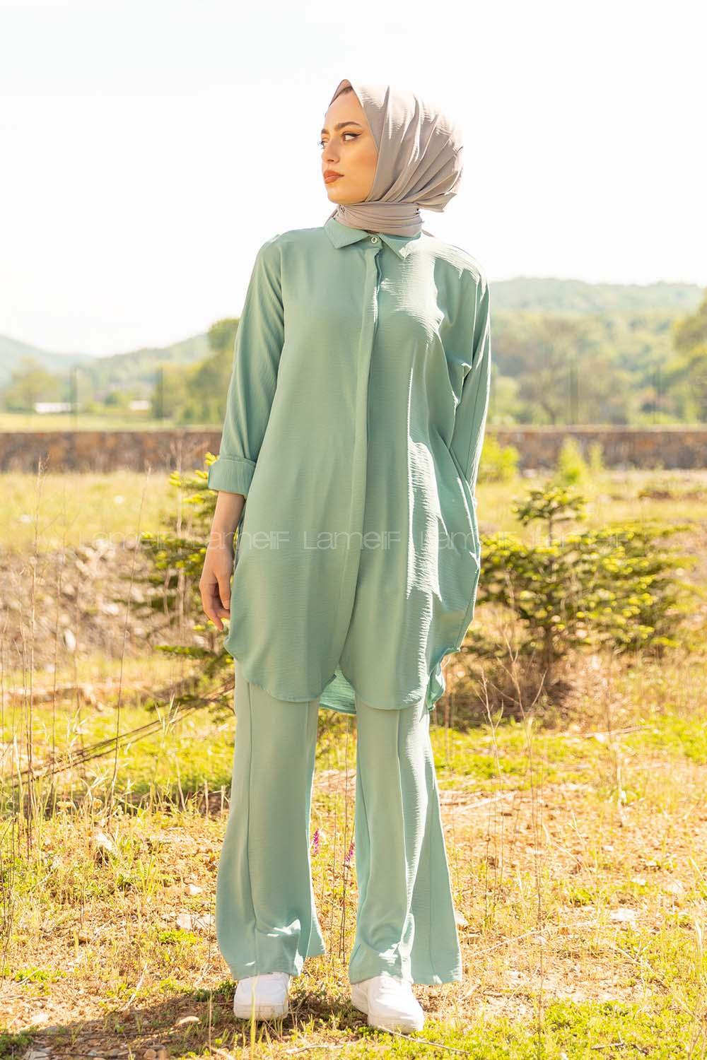 Modalamelif Önü Gizli Düğmeli İspanyol Takım Mint Yeşili