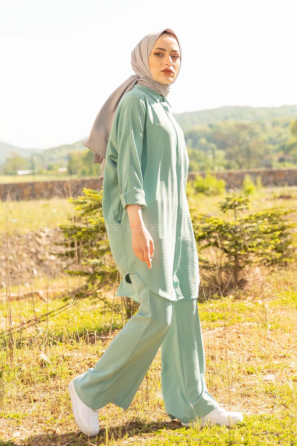 Modalamelif Önü Gizli Düğmeli İspanyol Takım Mint Yeşili