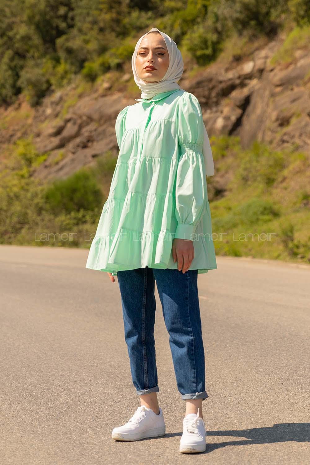 Modalamelif Önü Gizli Düğmeli Katlı Gömlek Mint Yeşili