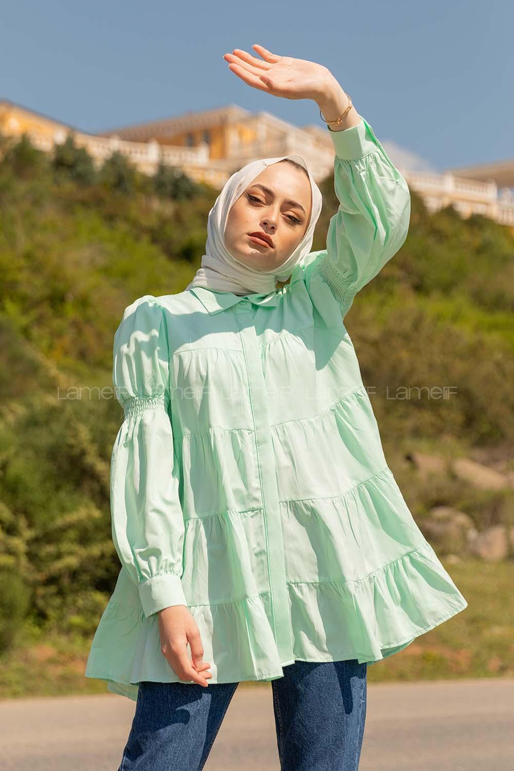 Modalamelif Önü Gizli Düğmeli Katlı Gömlek Mint Yeşili