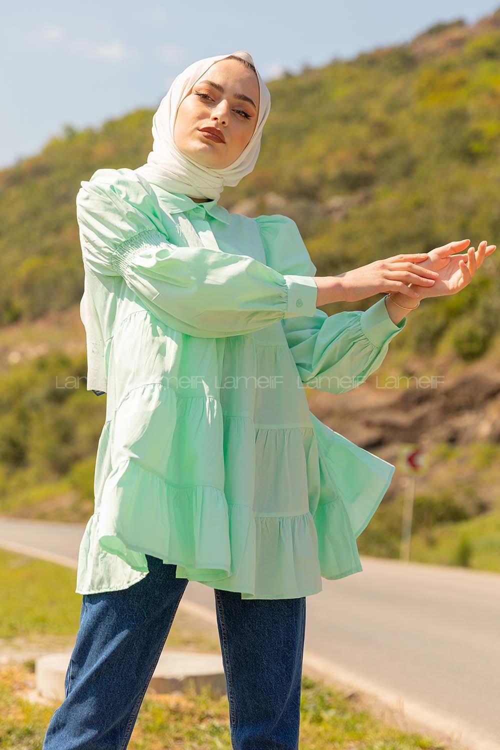 Modalamelif Önü Gizli Düğmeli Katlı Gömlek Mint Yeşili