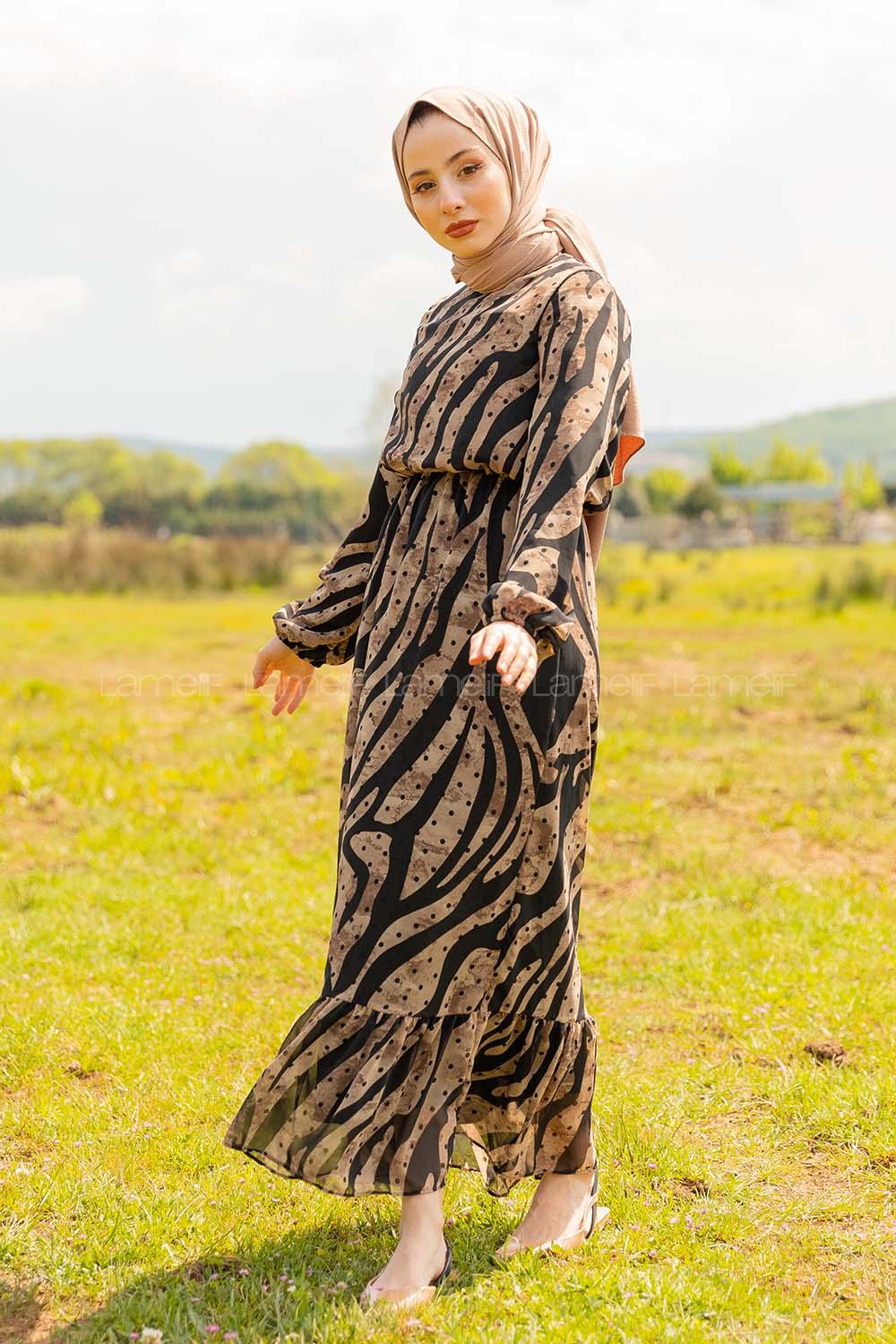 Modalamelif  Soyut Desenli  Elbise Vizonrengi