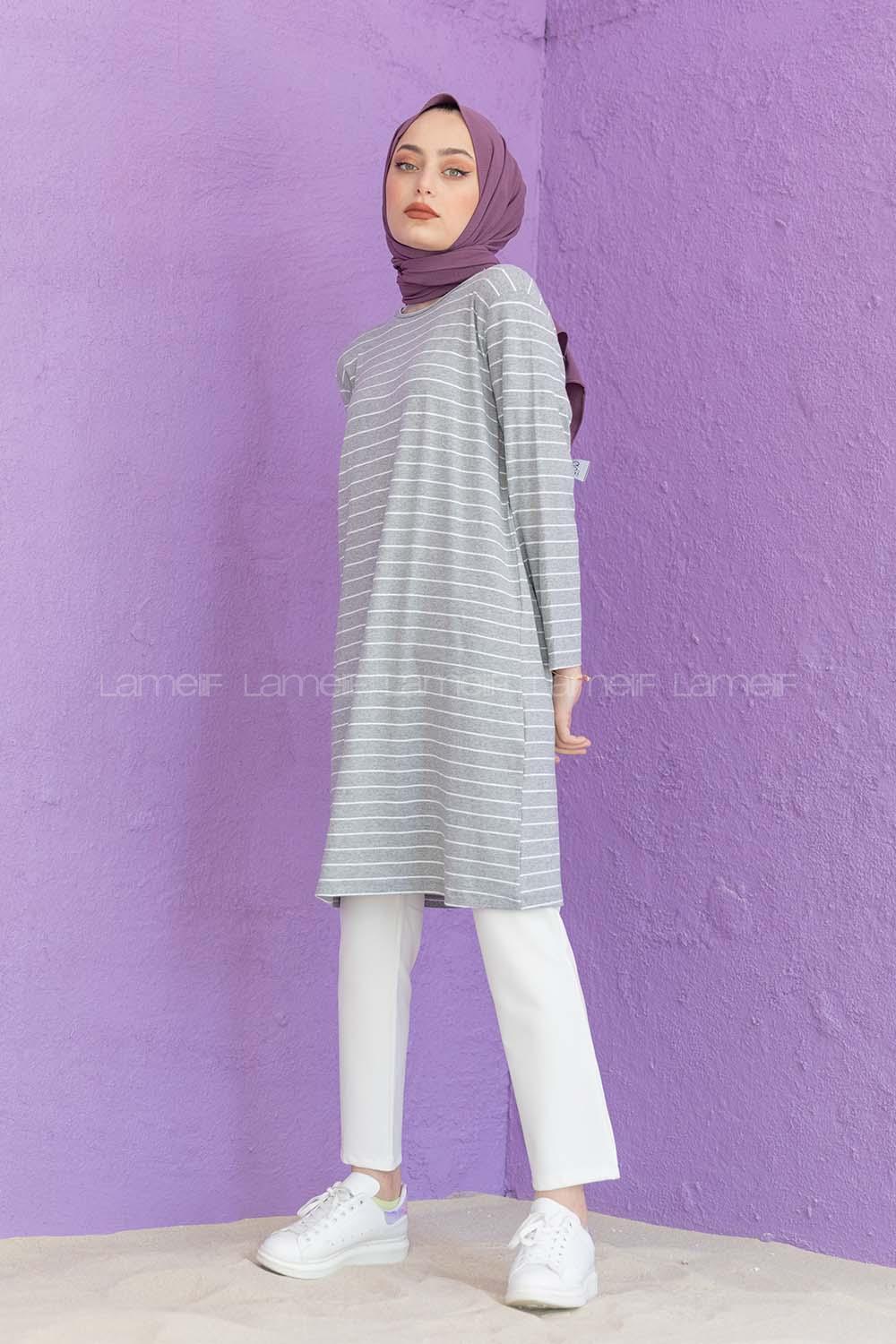 Modalamelif Basic Çizgili Tunik Gri Beyaz