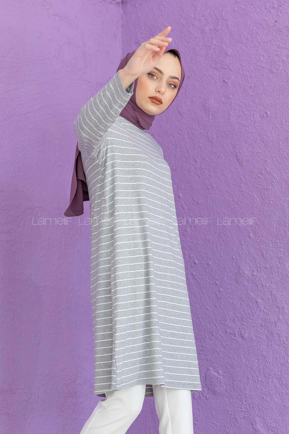 Modalamelif Basic Çizgili Tunik Gri Beyaz