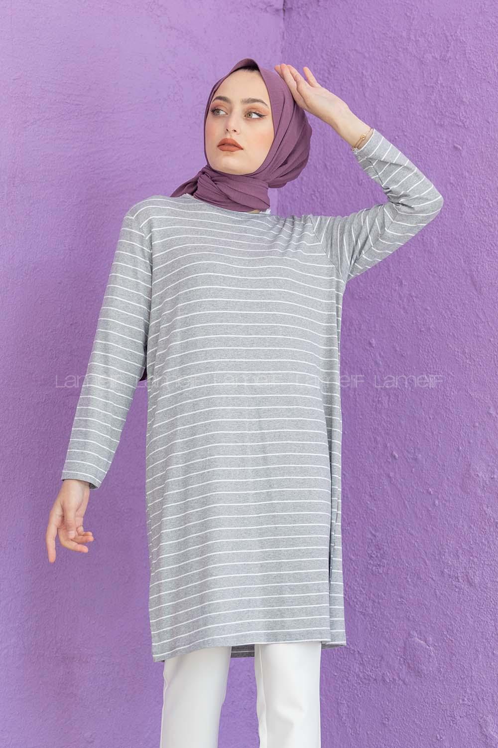 Modalamelif Basic Çizgili Tunik Gri Beyaz