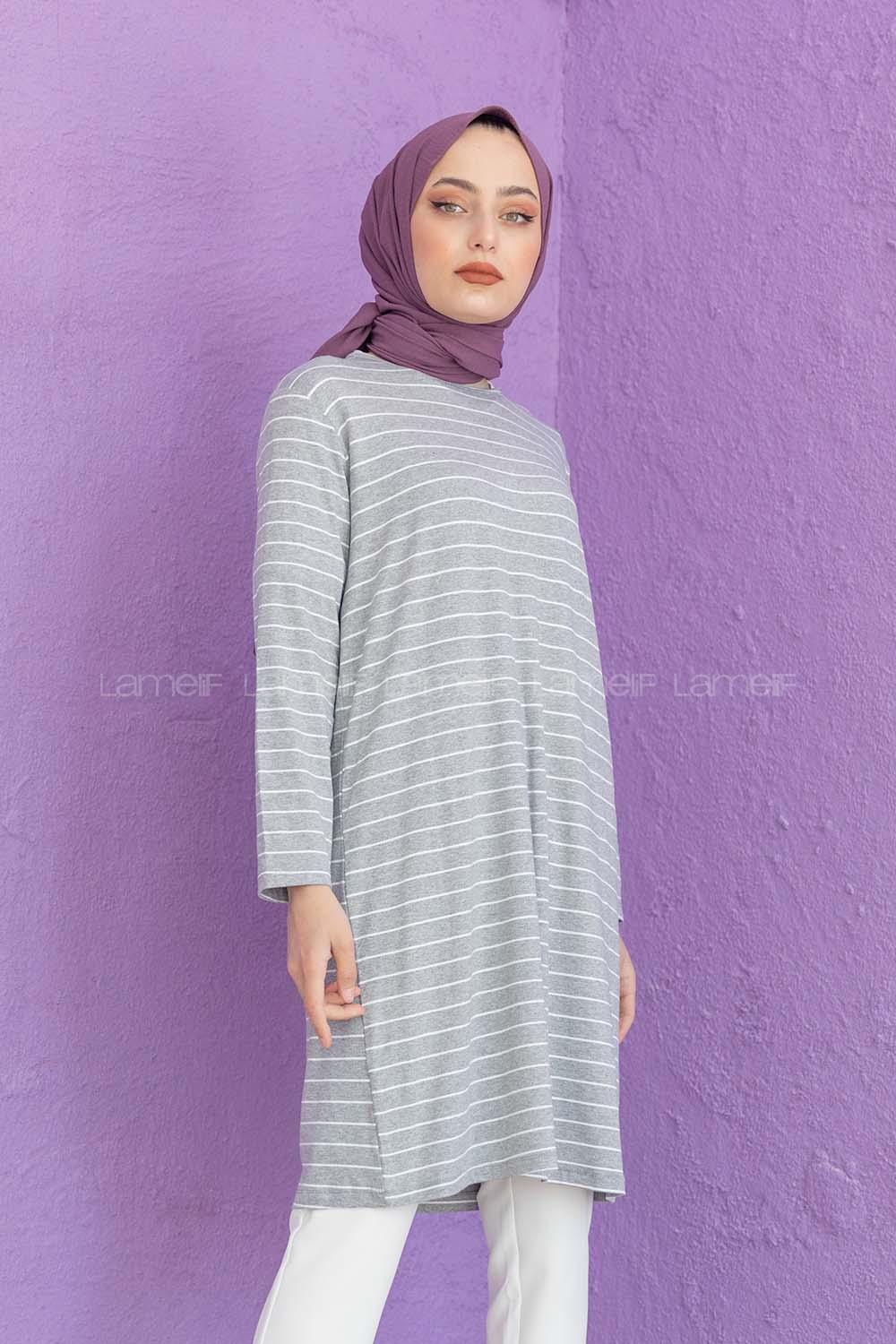 Modalamelif Basic Çizgili Tunik Gri Beyaz