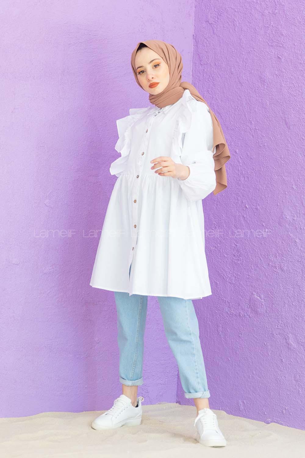 Modalamelif Gömlek Yaka Fırfırlı Tunik Beyaz
