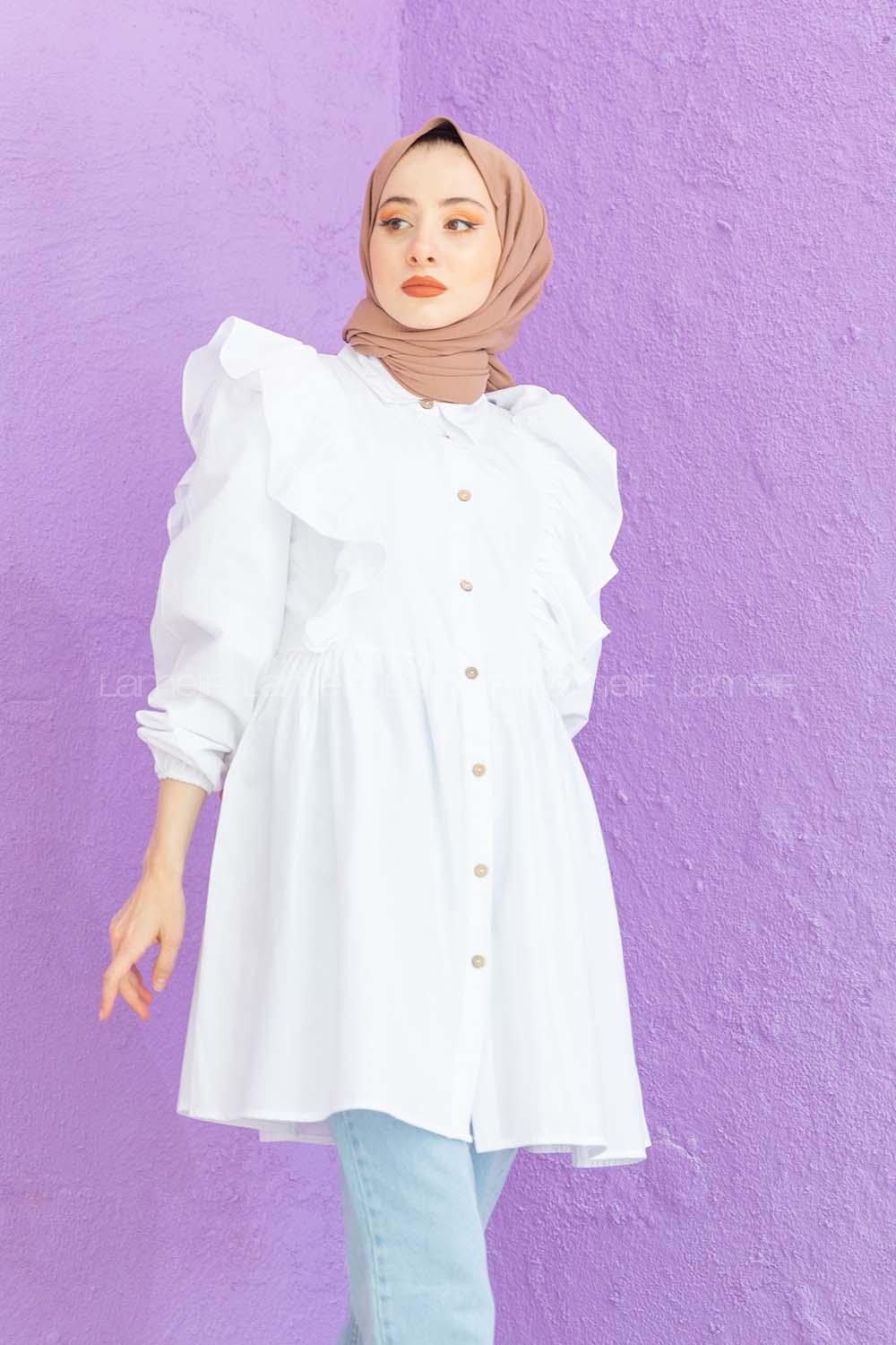 Modalamelif Gömlek Yaka Fırfırlı Tunik Beyaz