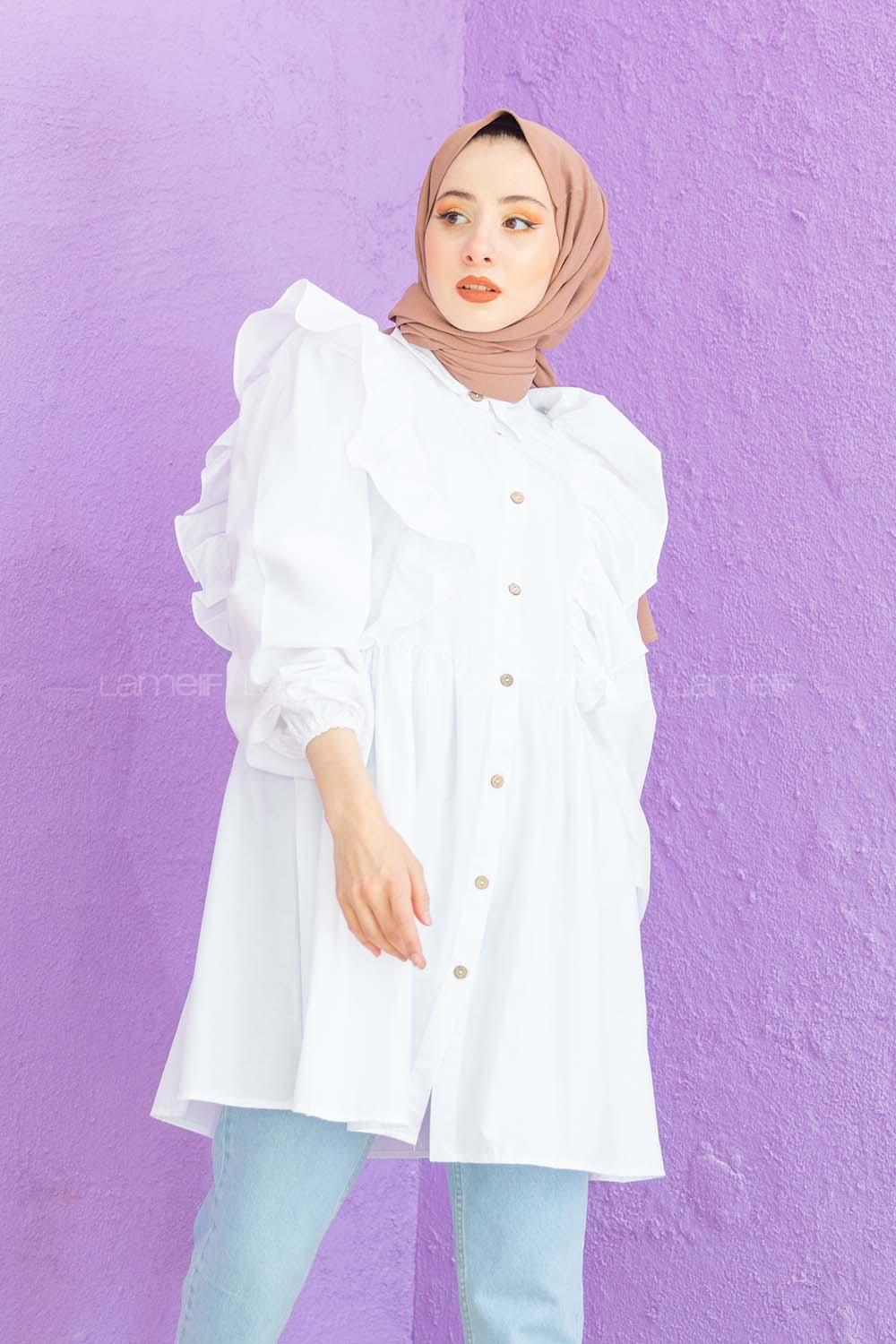 Modalamelif Gömlek Yaka Fırfırlı Tunik Beyaz