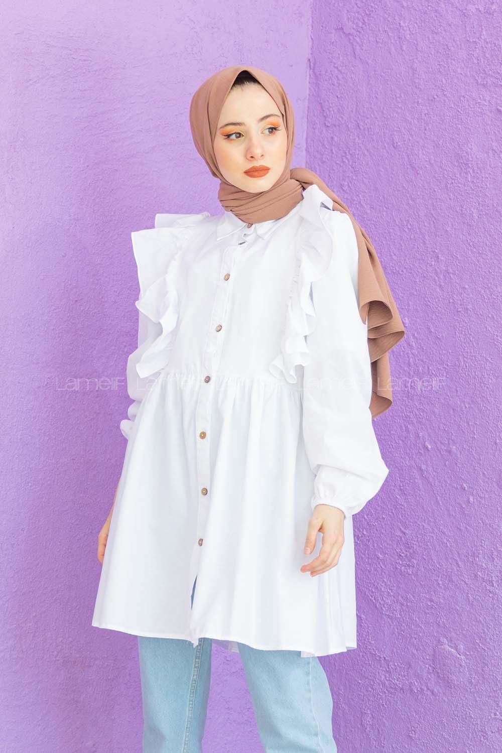 Modalamelif Gömlek Yaka Fırfırlı Tunik Beyaz