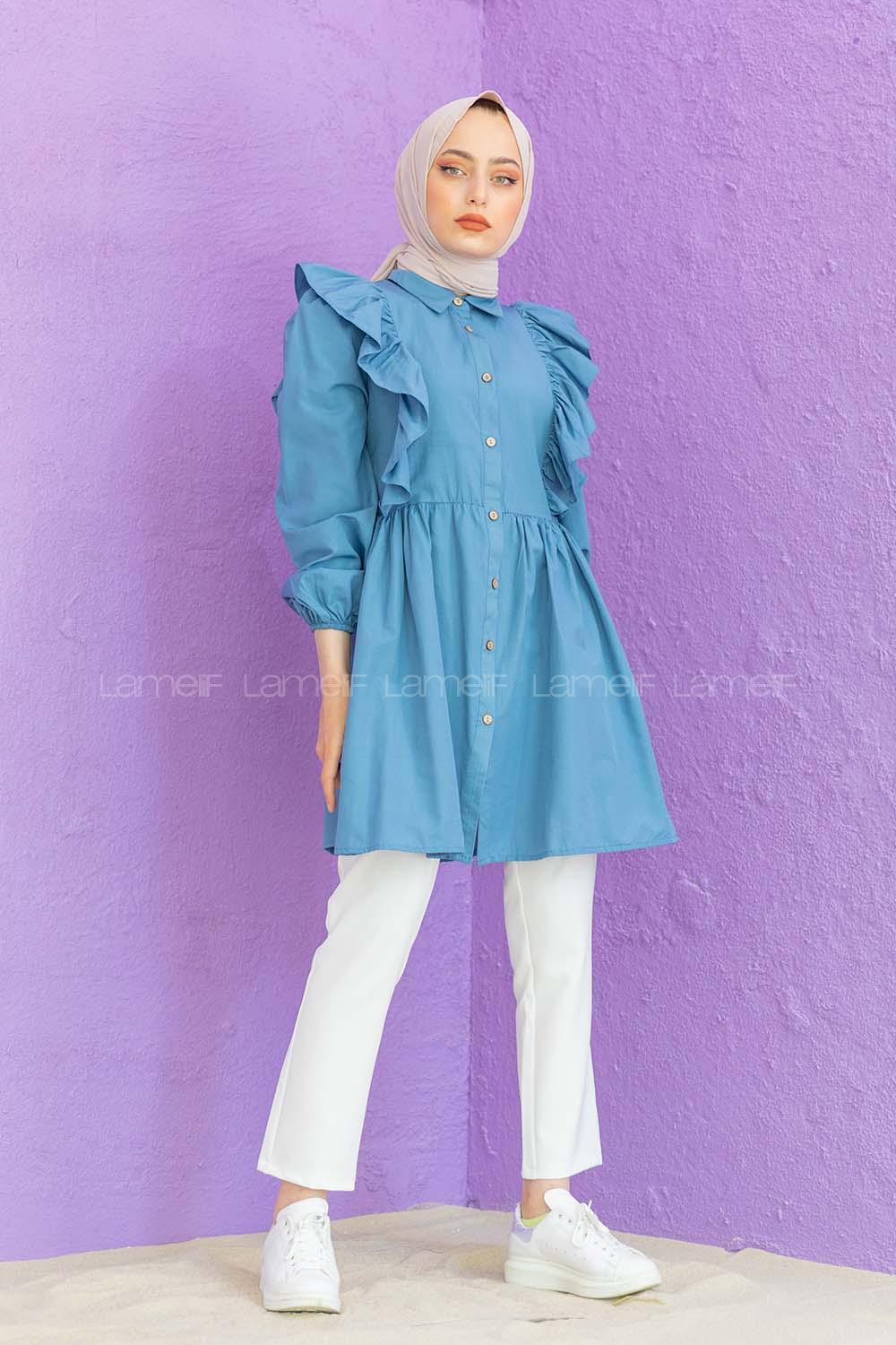 Modalamelif Gömlek Yaka Fırfırlı Tunik Mavi