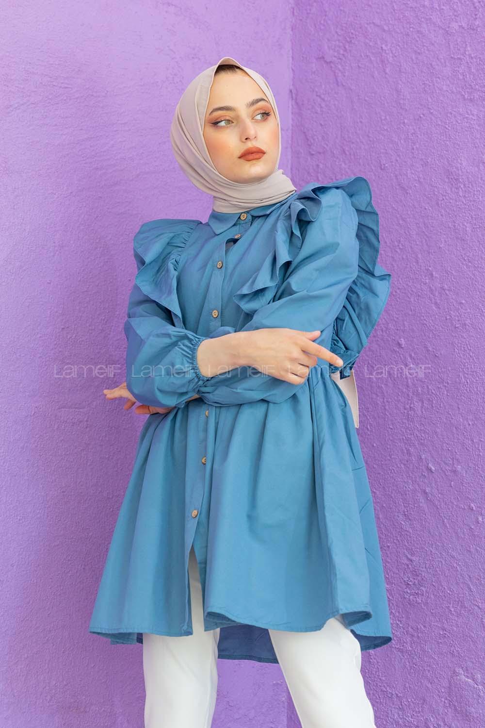 Modalamelif Gömlek Yaka Fırfırlı Tunik Mavi