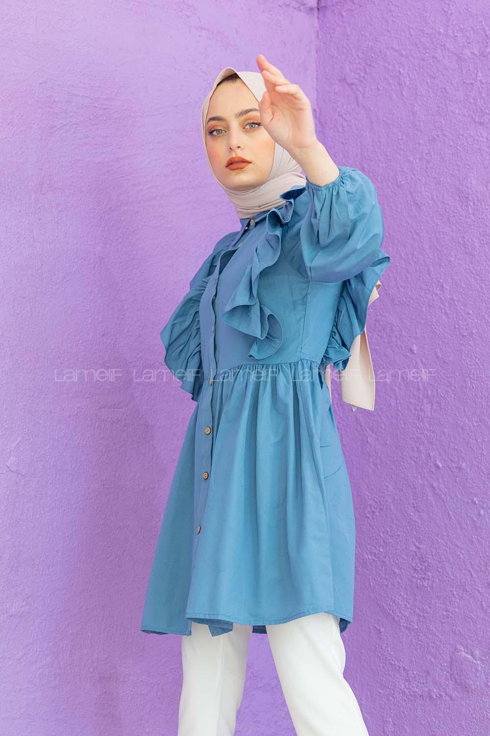 Modalamelif Gömlek Yaka Fırfırlı Tunik Mavi