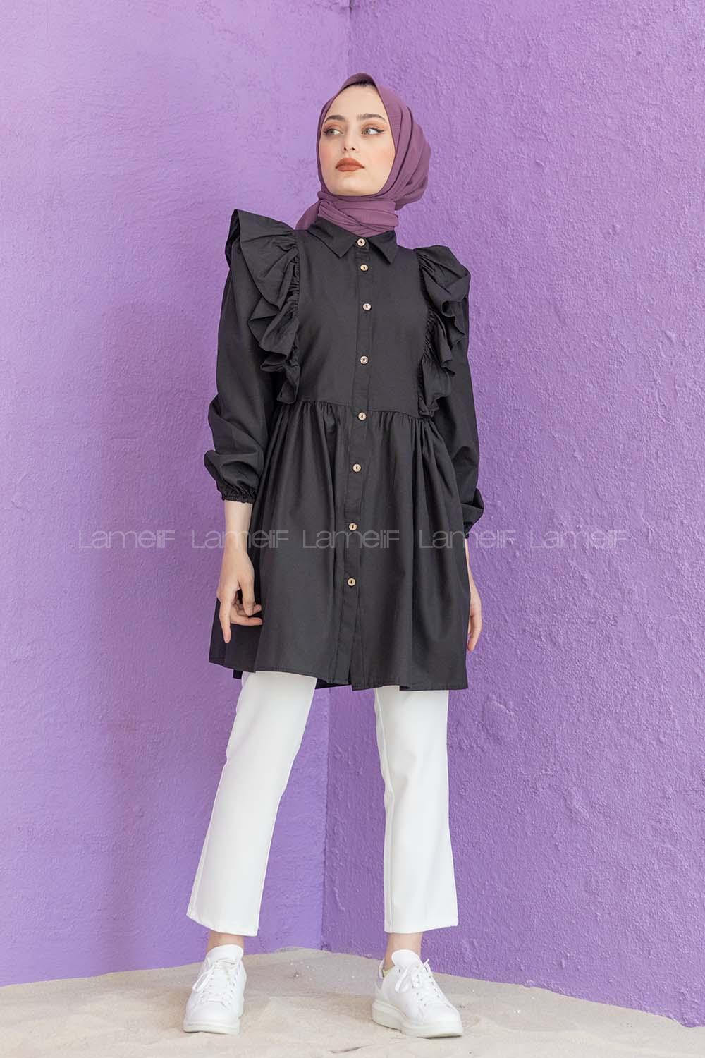 Modalamelif Gömlek Yaka Fırfırlı Tunik Siyah