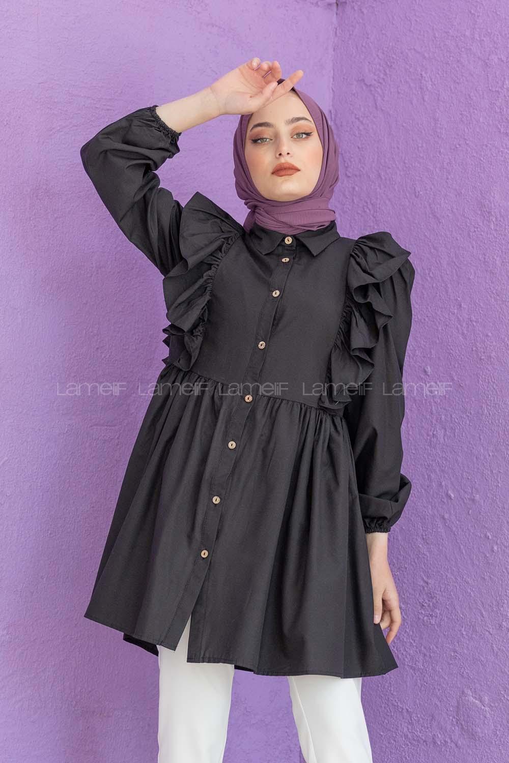 Modalamelif Gömlek Yaka Fırfırlı Tunik Siyah