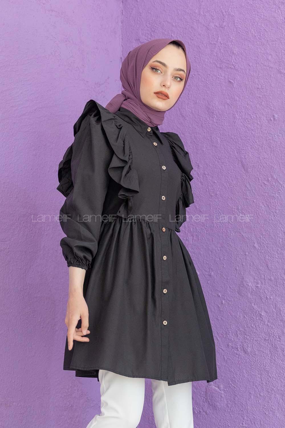 Modalamelif Gömlek Yaka Fırfırlı Tunik Siyah