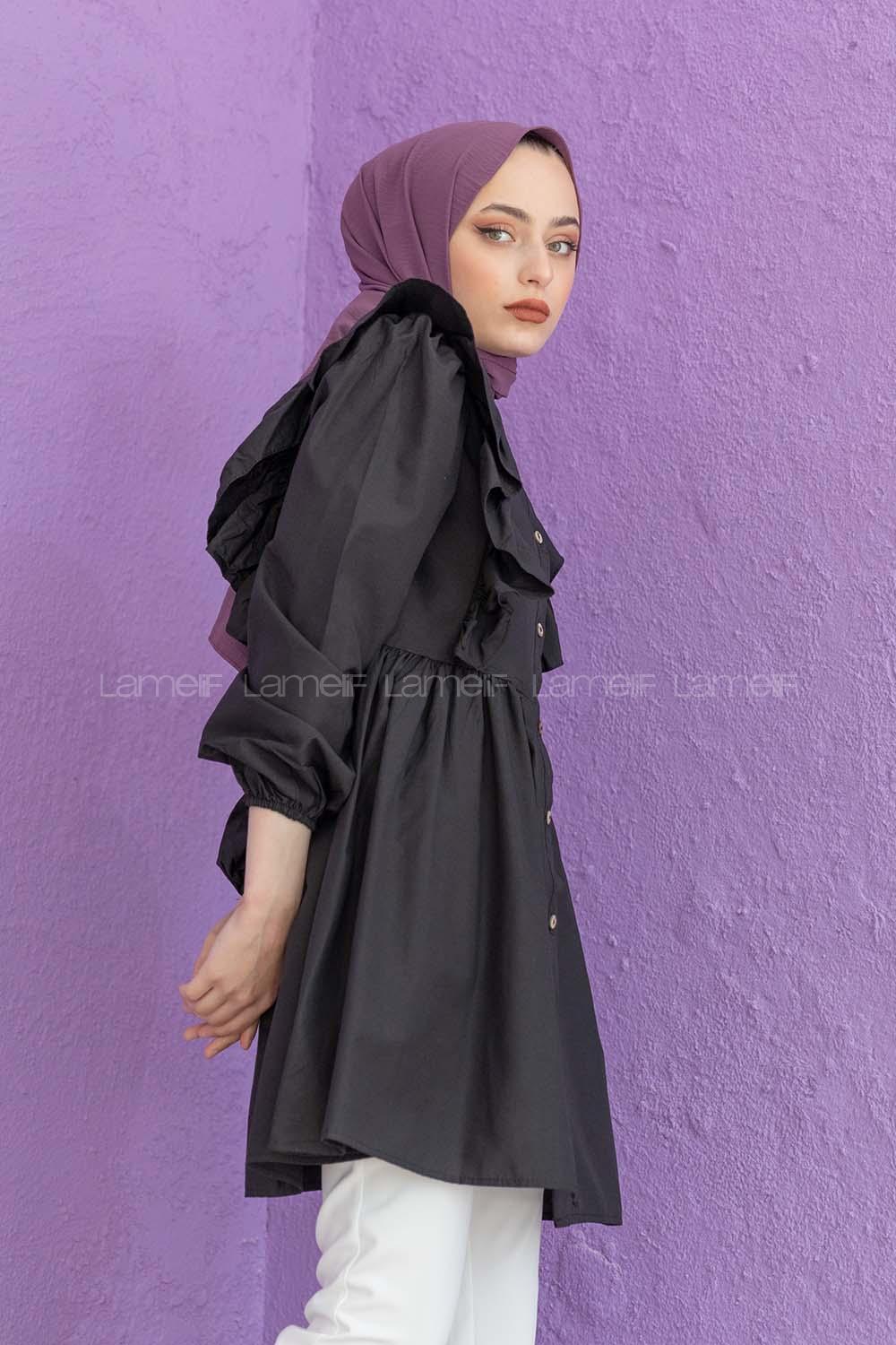 Modalamelif Gömlek Yaka Fırfırlı Tunik Siyah