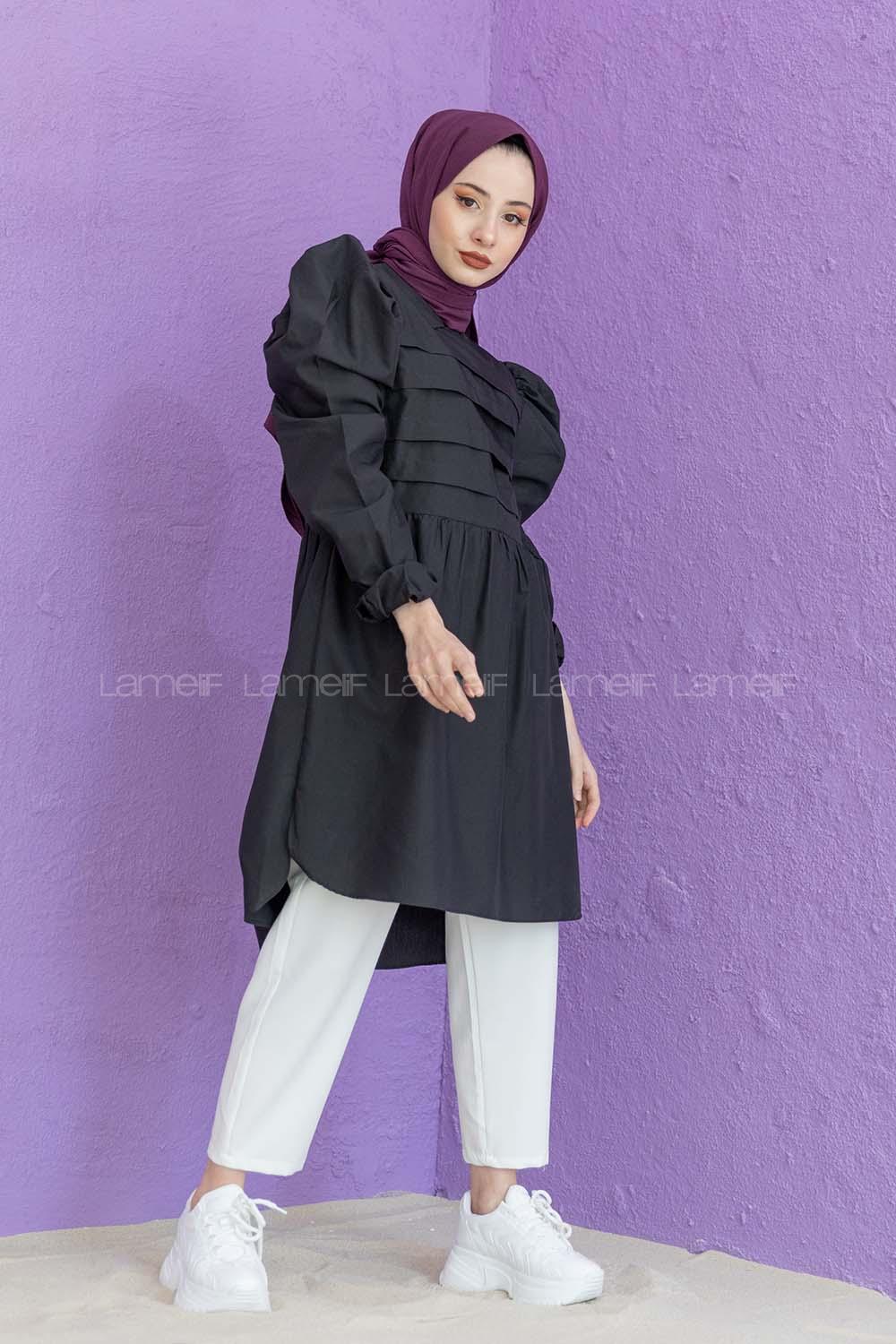 Modalamelif Gömlek Yaka Pileli Tunik Siyah