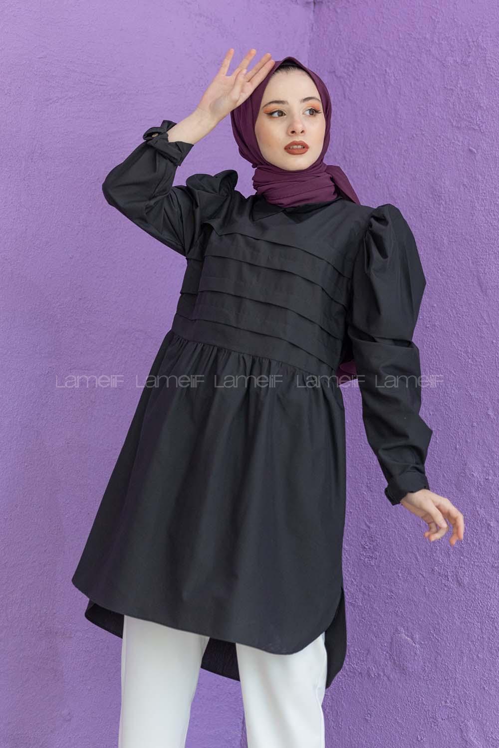 Modalamelif Gömlek Yaka Pileli Tunik Siyah