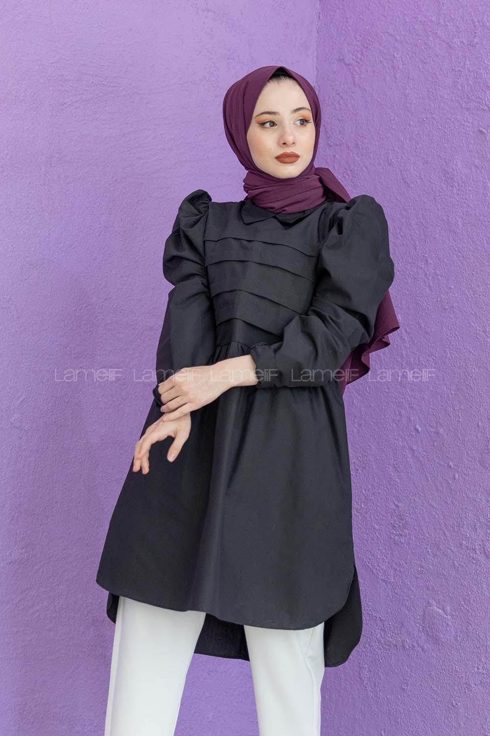 Modalamelif Gömlek Yaka Pileli Tunik Siyah