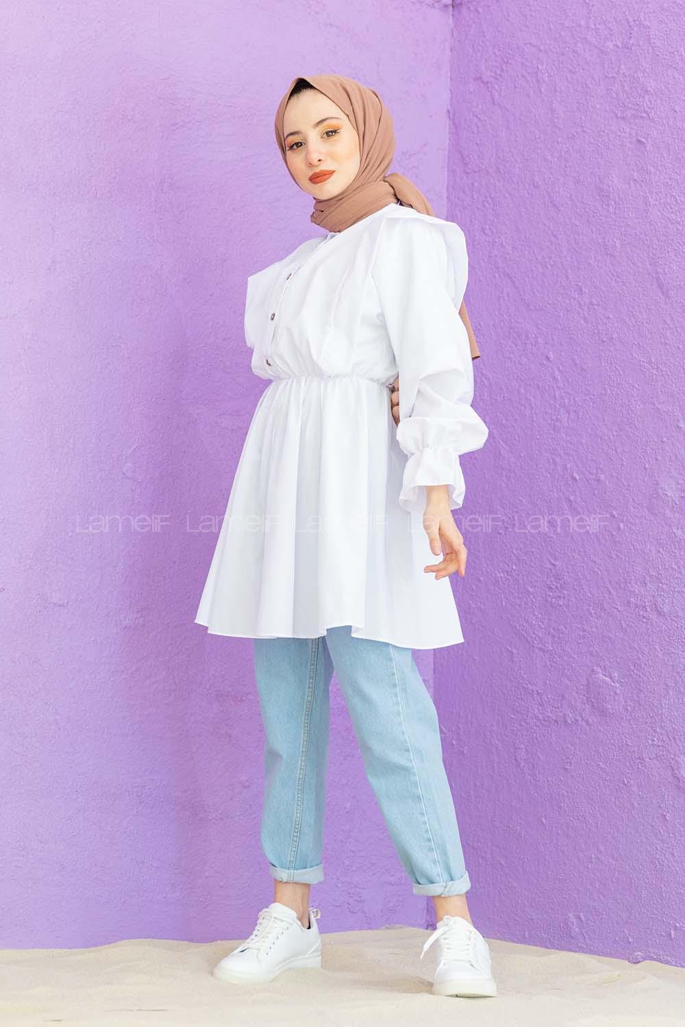 Modalamelif Hakim Yaka Bel Lastikli Tunik Beyaz