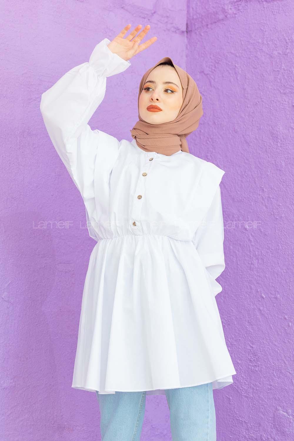 Modalamelif Hakim Yaka Bel Lastikli Tunik Beyaz