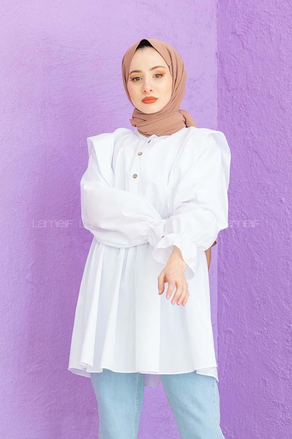 Modalamelif Hakim Yaka Bel Lastikli Tunik Beyaz